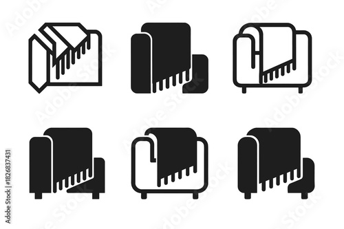 Throw Blanket Logos. Throw blanket fold. Icon set. Set Logo of throw blanket fold: blanket draped over armrest. harmonious logo variations of the