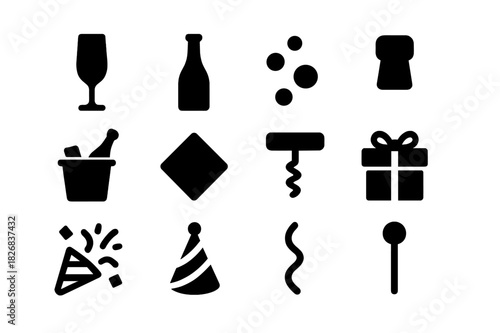 Festive Drink Icons. Festive drinks. Solid icon set of Festive drinks: champagne flute, bottle, bubbles, cork, ice bucket, cocktail napkin, wine opener, gift