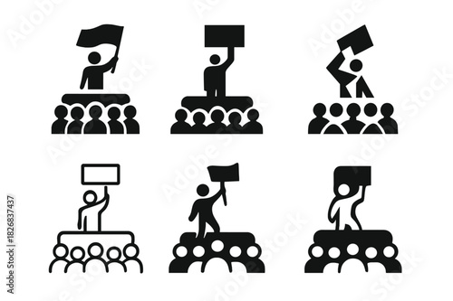 Activist Rooftop Logos. Activist on rooftop. Icon set. Set Logo of activist on rooftop: Crowd silhouette seen from below. harmonious logo variations of the