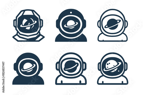 Planetary Exploration Icons. Space exploration and planetary colonization. Icon set. Set Logo of space exploration and planetary colonization: astronaut helmet