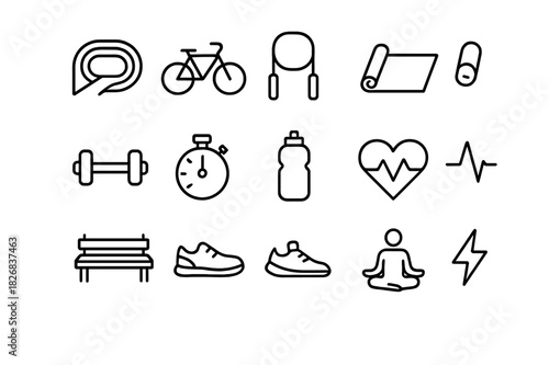 Outdoor Fitness Icons. Outdoor fitness. Line icon set of outdoor fitness: running track, bicycle, skipping rope, fitness mat, dumbbell, stopwatch, water