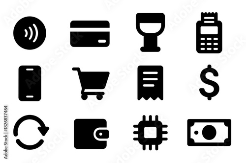 Payment Icons Grid. Payment Systems. Solid icon set of Payment Systems: NFC symbol, credit card, barcode scanner, POS terminal, smartphone, shopping cart,