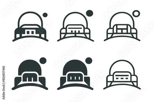 Planetary Exploration Logos. Space exploration and planetary colonization. Icon set. Set Logo of space exploration and planetary colonization: planetary base