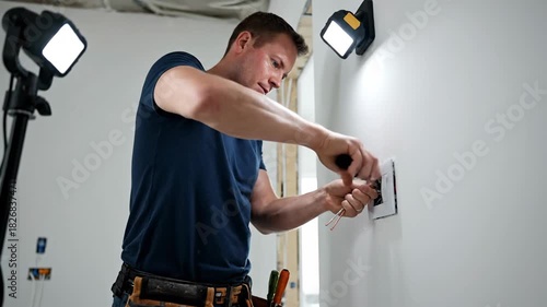 Electrician installs electrical wiring in a new home construction.