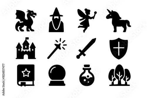 Fantasy Icon Collection. Fantasy Adventure. Solid icon set of dragon, wizard, fairy, unicorn, castle, magic wand, sword, shield, spell book, crystal ball,