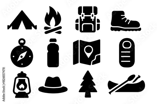 Summer Camp Icons. Summer Camp. Solid icon set of tent, campfire, backpack, hiking boots, compass, water bottle, map, sleeping bag, lantern, hat, tree, canoe.