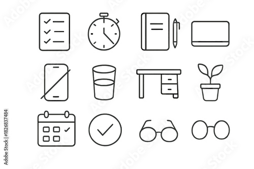 Focus Icon Set. Focus & Productivity. Line icon set of Focus & Productivity: checklist, timer, notebook, pen, laptop closed, phone silent, cup of water, clean