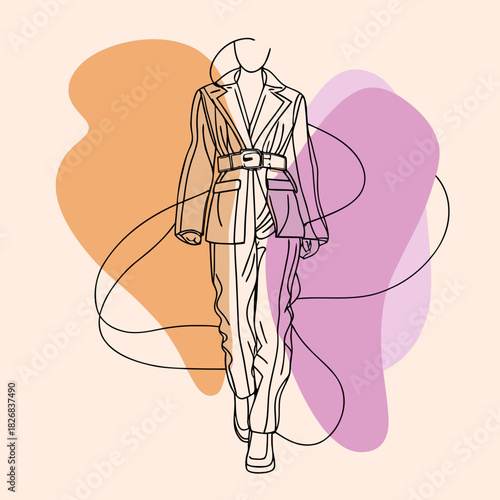 Fashion illustration of a model in a belted suit with abstract shapes