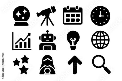 Future Insights Icons. Predictions & Trends. Solid icon set of crystal ball, telescope, calendar, clock, graph, AI robot, light bulb, globe, stars, fortune