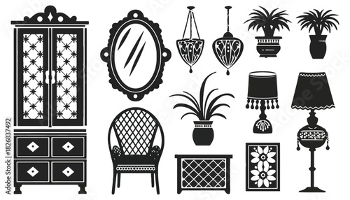 Black and white silhouettes of furniture and home decor elements set
