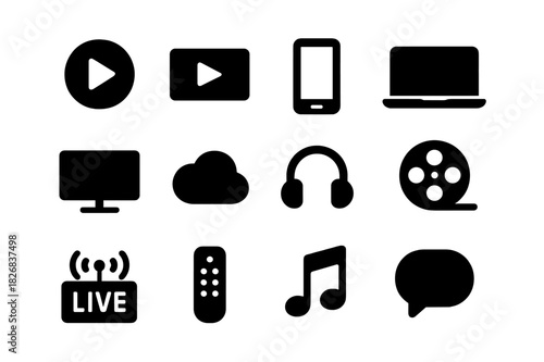 Streaming Platforms Icons. Streaming platforms. Solid icon set of streaming platforms: play button, video screen, smartphone, laptop, TV, cloud, headphones,