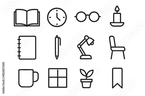 Quiet Study Icons. Quiet study time. Line icon set of quiet study time: open book, clock, glasses, candle, notebook, pen, desk lamp, chair, mug, window, plant,