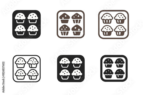 Muffin Tray Logos. Muffin tray. Icon set. Set Logo of muffin tray: tray with decorated muffins. harmonious logo variations of the same emblematic concept, each
