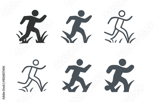 Dynamic Running Icon Set. Happy Person Running Through a Field. Icon set. Set Logo of Happy Person Running Through a Field: dynamic motion and grass lines.