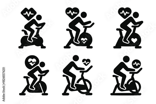Indoor Cycling Logos. A person practicing indoor cycling, focused on endurance and intensity. Icon set. Set Logo of A person practicing indoor cycling, focused
