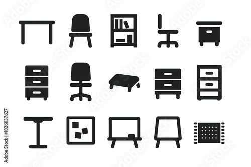 Workspace Icons Set. Workspace furniture. Solid icon set of Workspace furniture: desk, chair, bookshelf, side table, filing cabinet, rolling chair, footrest,