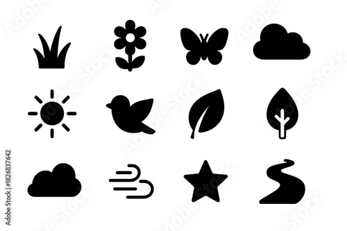 Meadow Icon Set. Peaceful meadow. Solid icon set of peaceful meadow: grass, flower, butterfly, cloud, sun, bird, leaf, tree, hill, breeze, star, path. Filled