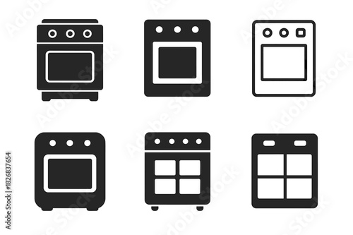 Diverse Oven Logo Designs. Range. Icon set. Set Logo of range: electric oven. harmonious logo variations of the same emblematic concept, each with different