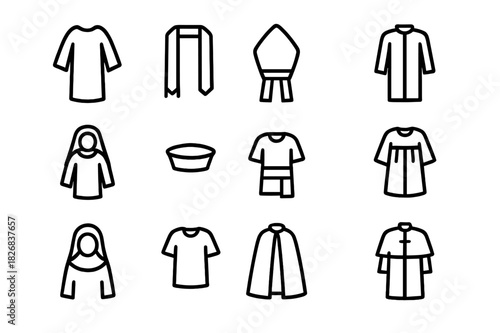 Religious Attire Icons. Religious attire. Line icon set of religious attire: robe, stole, mitre, cassock, habit, ceremonial hat, sash, choir robe, veil, tunic,