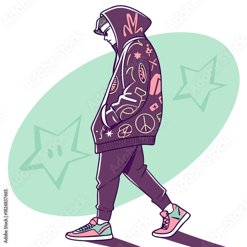 Stylish person in hoodie with funky symbols and stars