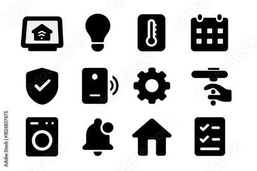 Household Management Icons. Household management. Solid icon set of Household management: smart display, light icon, thermostat, calendar, security icon,