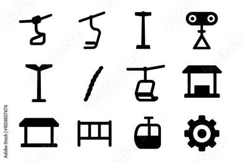 Lift Infrastructure Icons. Lift infrastructure. Solid icon set of Lift infrastructure: cable, chairlift, tower, pulley, support pole, rope, ski lift cable,