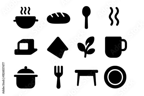 Comfort Meal Icons. Comfort Meal. Solid icon set of Comfort Meal: soup bowl, bread, spoon, steam, butter, napkin, herbs, mug, pot, fork, table, plate. Filled