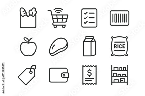 Smart Shopping Icons. Smart grocery shopping. Line icon set of smart grocery shopping: grocery bag, shopping cart, list, barcode, apple, chicken breast, milk