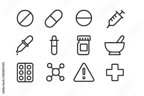 Drug Icon Set. Drugs. Line icon set of drugs: pill, capsule, tablet, syringe, dropper, test tube, prescription bottle, mortar and pestle, blister pack,