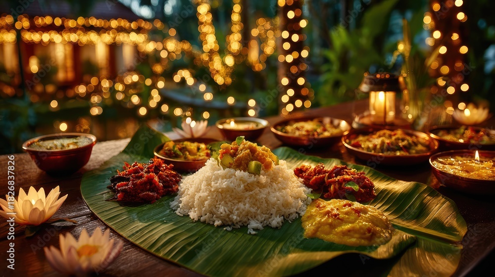 Fototapeta premium Traditional Indian Feast on Banana Leaf with Festive Lighting