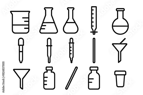 Laboratory Icon Set. Laboratory setup. Line icon set of laboratory setup: beaker, Erlenmeyer flask, volumetric flask, round-bottom flask, test tube, pipette,
