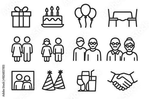 Family Celebration Icons. Family Celebration Icons. Line icon set of Family Celebration Icons: gift box, cake, balloons, dining table, parents, children,