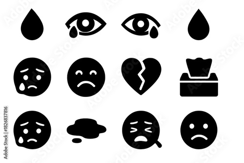 Emotional Icons Grid. Emotional Expression. Solid icon set of teardrop, crying eye, eye with tear, water droplet, sad face, frown, broken heart, tissue,