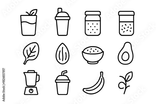 Healthy Smoothie Icons. Healthy smoothies. Line icon set of healthy smoothies: green smoothie, protein shake, chia seeds, oats, spinach leaf, almond milk,