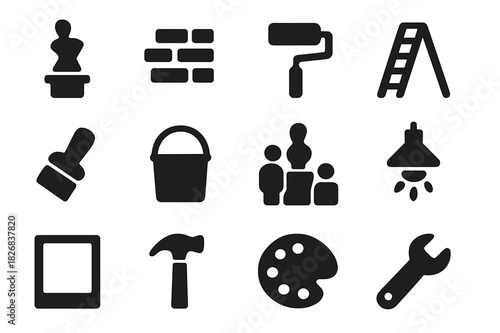 Art Installation Icons. Art installation. Solid icon set of art installation: sculpture, wall, paint roller, ladder, brush, bucket, people viewing, spotlight,