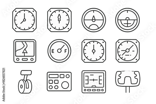 Aviation Instruments Icons. Flight Instruments. Line icon set of Flight Instruments: altimeter, airspeed indicator, compass, attitude indicator, GPS, fuel