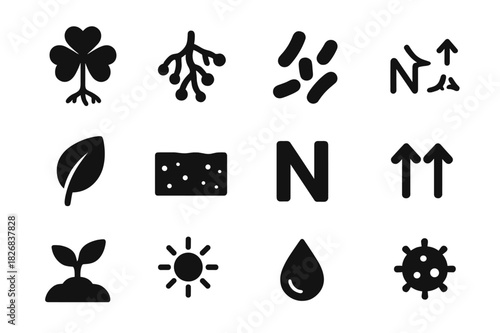 Nitrogen Fixation Icons. Nitrogen fixation. Solid icon set of Nitrogen fixation: clover plant, root nodules, bacteria icon, chemical reaction, leaf icon, soil