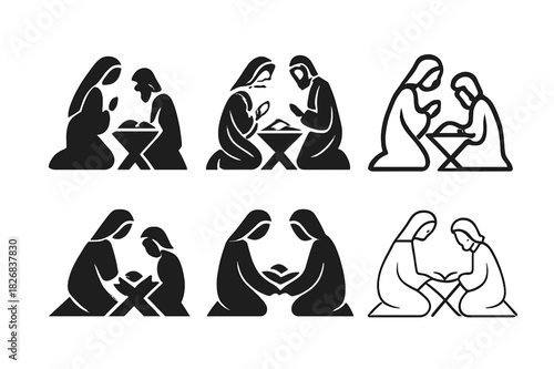 Nativity Icon Variations. Nativity scene. Icon set. Set Logo of nativity scene: Mary and Joseph kneeling. harmonious logo variations of the same emblematic
