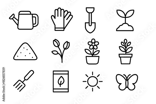 May Gardening Icons. Gardening in May. Line icon set of gardening in May: watering can, gloves, shovel, plant sprout, potting soil, flower buds, blooming