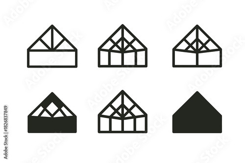 Open Atrium Logos. Open Atrium. Icon set. Set Logo of Open Atrium: geometric glass roof structure. harmonious logo variations of the same emblematic concept,