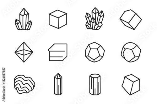 Mineral Icon Set. Mineral specimens. Line icon set of mineral specimens: quartz crystal, pyrite cube, amethyst cluster, calcite rhomboid, fluorite octahedron,