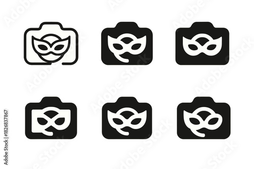 Cosplay Camera Logos. Cosplay photography studio. Icon set. Set Logo of cosplay photography: camera with costume mask. harmonious logo variations of the same