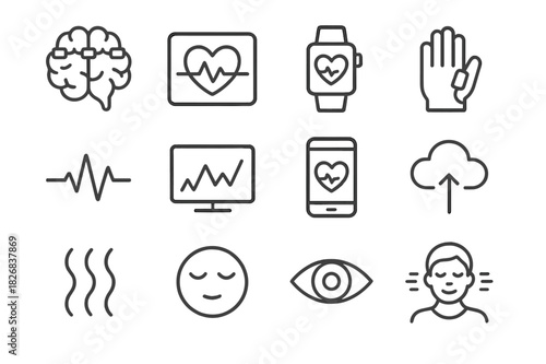 Biofeedback Icon Set. Biofeedback. Line icon set of biofeedback: brain waves, heart monitor, smartwatch, hand sensor, pulse line, graph, app interface, cloud