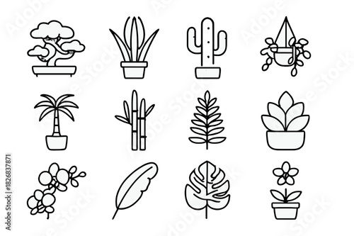 Minimal Plant Icons. Plants and greenery. Line icon set of plants and greenery: bonsai tree, tropical plant, cactus, hanging plant, potted palm, bamboo stalk,