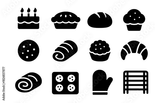 Baked Goods Icons. Baked goods. Solid icon set of Baked goods: cake, pie, bread, muffin, cookie, pastry, tart, croissant, roll, oven tray, oven mitt, rack.
