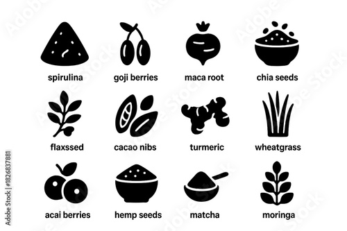 Superfood Icons Grid. Superfoods. Solid icon set of superfoods: spirulina, goji berries, maca root, chia seeds, flaxseed, cacao nibs, turmeric, wheatgrass,