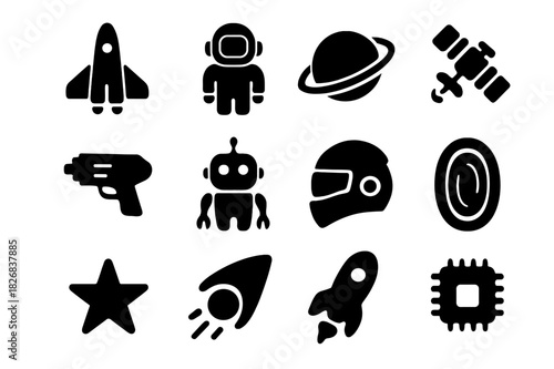 Sci-Fi Icon Set. Sci-Fi Universe. Solid icon set of Sci-Fi Universe: spaceship, astronaut, planet, satellite, ray gun, robot, cyber helmet, portal, star,