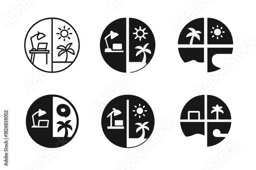 Work-Life Balance Icons. Work-life balance. Icon set. Set Logo of work-life balance: balanced hands holding work and life symbols. harmonious logo variations