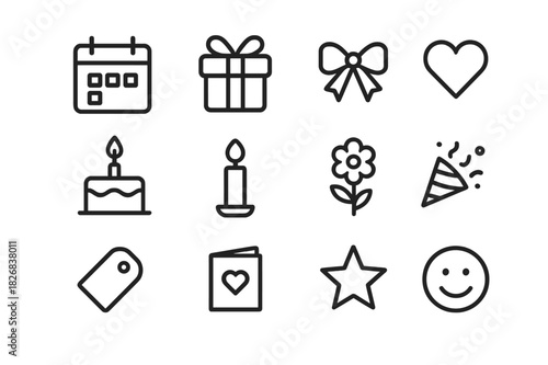 Name Day Icons. Name Day. Line icon set of Name Day: calendar, gift box, ribbon, heart, cake, candle, flower, confetti, tag, card, star, smile face. All