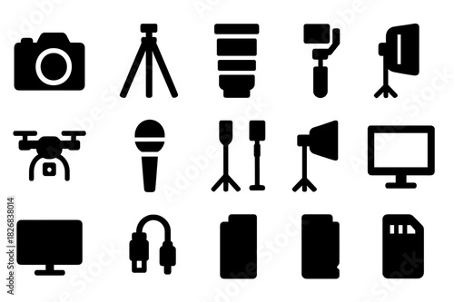Video Equipment Icons. Video equipment. Solid icon set of video equipment: camera, tripod, lens, gimbal, drone, microphone, lighting kit, softbox, monitor,